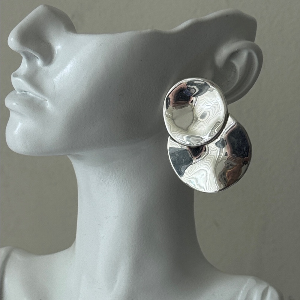 E&L Sterling Silver Double Circle Earrings Electroform Israel 2in long